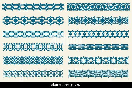 Islamic ornaments link seamless vector decorative borders. Set of border pattern in islamic style, illustration of ornament borders Stock Vector