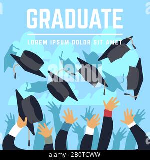High school graduating students throw black graduation caps up in sky vector illustration. Student trow cap in air, celebration ceremony achievement education Stock Vector