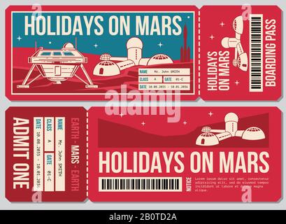 Travel voucher vector ticket. Holiday on Mars promo action. Ticket to mars planet, illustration of ticket voucher travel Stock Vector