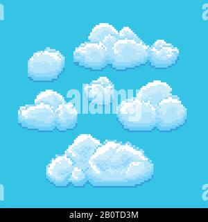 Pixel sky with clouds. Retro video game abstract blue background with ...