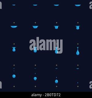 Falling water drops vector animation frames. Drop water fall animation, illustration of blue drop rain Stock Vector