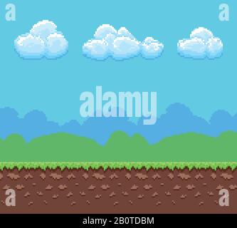 Pixel 8bit game vector background with ground and cloudy sky panorama. Nature landscape pixel background, illustration game interface pixel art Stock Vector