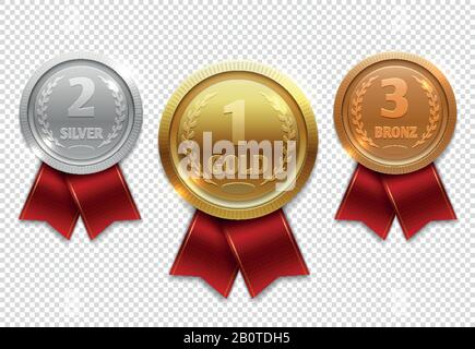Champion gold, silver and bronze award medals with red ribbons. Medal gold award, illustration achievement medals Stock Vector