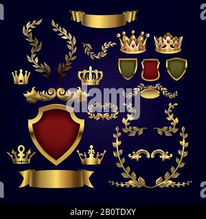 Golden vector heraldic elements. Kings crowns, laurel wreath and royal shield for 3d labels and badges. Frame heraldic crown, illustration of golden royal crown Stock Vector