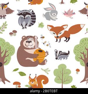 Forest summer plants and woodland animals vector seamless pattern. Forest animals backdrop, illustration of animal on background raccoon and hare Stock Vector