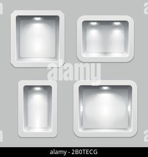 Empty white plastic boxes or niche display, 3d exposition product shelves with lighting. Exhibition interior with niche in wall. Vector illustration Stock Vector