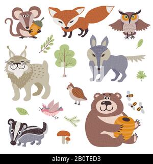 Happy cartoon and funny wood animals in forest vector collection. Forest animal lynx and bird, illustration of zoo animal bear and owl Stock Vector