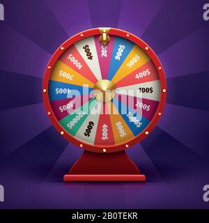 Realistic 3d spinning fortune wheel, lucky roulette vector illustration. Round wheel fortune, lucky gamble spin wheel game Stock Vector