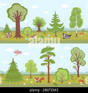 Forest vector landscapes set. Cartoon nature panorama with trees. Landscape forest park with tree and animal illustration Stock Vector