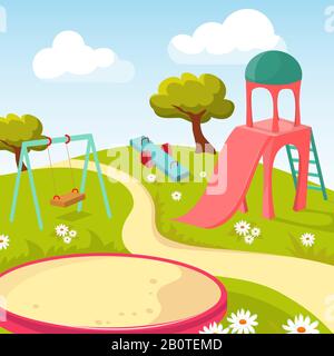 Recreation children park with play equipment vector illustration. Playground for game recreational Stock Vector