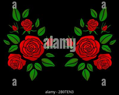 Ethnic floral neckline embroidery with roses vector illustration. Floral rose embroidery, illustration of ethnic fashion pattern rose Stock Vector