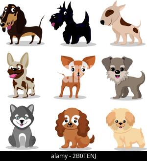 Cute happy dogs. Cartoon funny puppies vector characters collection. Set of breed dogs, illustration of friendly animal Stock Vector