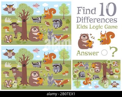 Find differences educational kids game with forest animal characters vector illustration. Children game template banner Stock Vector