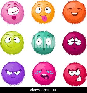 Funny colorful cartoon fluffy ball vector fuzzy characters set. Monsters with different emotion. Cute monster character, illustration of color fuzzy creature Stock Vector