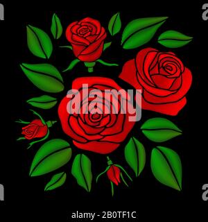 Embroidered red rose flowers vector set. Red rose on black, illustration of rose flower embroidery Stock Vector