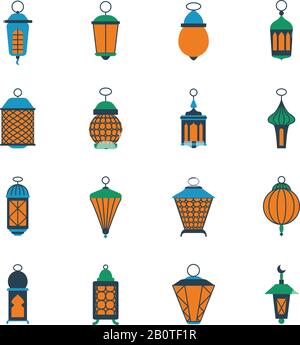 Old ramadan islamic lanterns, arabic lamps vector set. Lantern to ramadan celebration illustration Stock Vector