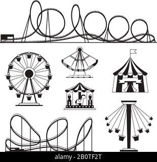 Amusement park, roller coasters and carousel vector icons. Festival and rollercoaster attraction illustration Stock Vector