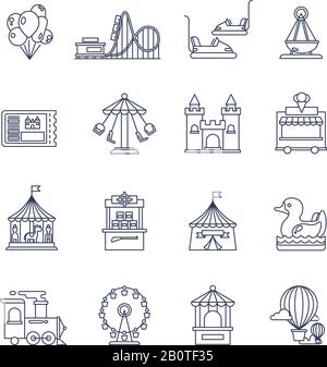 Luna park amusement line vector icons. Attraction set icons, collection of amusement icons train and castle, ferris wheel illustration Stock Vector