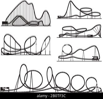 Rollercoaster vector vector black silhouettes isolated on white. Amusement park icons. Rollercoaster for amusement park, illustration of roller-coaster Stock Vector