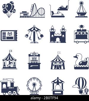 Carnival in amusement park with carousel and circus. Attractions vector icon. Attraction and carnival with carousel for park amusement illustration Stock Vector