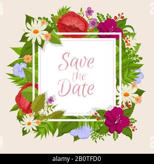 Vector background with cartoon flowers. Floral design for romantic wedding card. Save date wedding frame flower decoration illustration Stock Vector