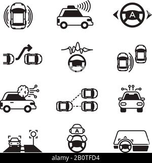 Car self control, futuristic driving intelligent vehicle systems vector icons. Smart car control, autonomous navigation for car illustration Stock Vector