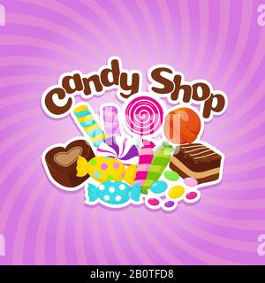 Sugar sweets vector background with colorful candies and lollipops. Sweet lollipop candy, illustration of dessert caramel delicious Stock Vector