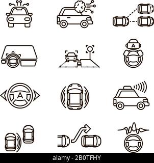 Smart car and hands free driving automatic system vector line icons. Automatic car system, illustration of smart automobile Stock Vector