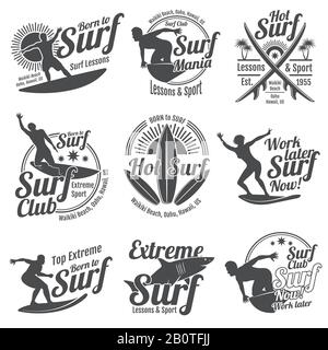 Summer surfing sports vector logos collection with surfer, surf board and ocean wave. Summer sport surfing, illustration of sport surf board badge Stock Vector