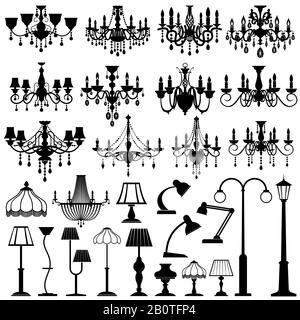 Home and outdoor lightning, lamps and chandeliers vector set. Black silhouette lamp chandelier and table lamp illustration Stock Vector