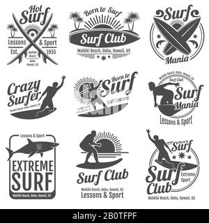 Surfing club vector vintage emblems. Surf board on wave signs. Summer tropical beach shore labels. Emblem surf club illustration Stock Vector
