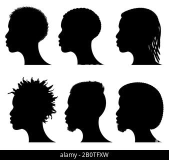 Afro american young men face silhouettes. African male black profiles. Hairstyle profile silhouette head, illustration of afro american hair Stock Vector