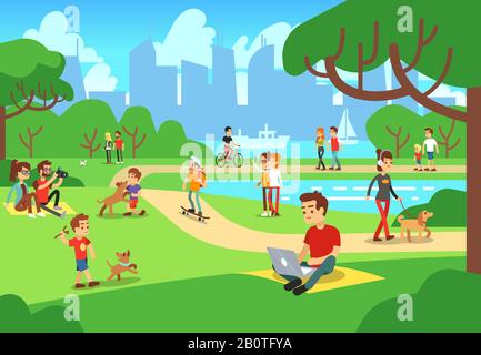 People in city park. Relaxing men and women outdoor with smart phones vector illustration. Urban green park with people relax Stock Vector