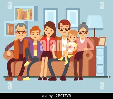 Happy family sitting on sofa. Grandpa and grandma, parents and kids flat vector illustration. Mother and father with children on sofa Stock Vector