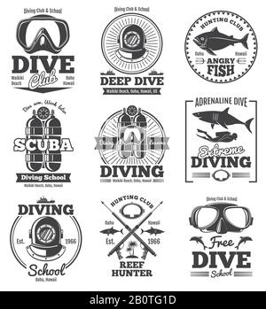 Underwater scuba diving club vector vintage emblems and labels. Sport freediving label, illustration of diving scuba club Stock Vector