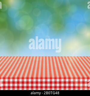 Picnic table with red checkered pattern of linen tablecloth and blurred nature background vector illustration. Checkered tablecloth textile for garden table Stock Vector