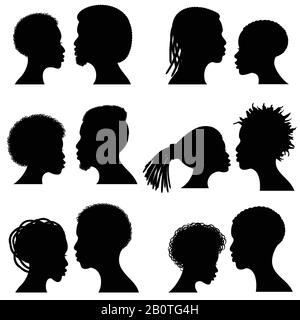 African female and male face vector silhouettes. Afro american couple portraits for wedding and romantic design. Couple african profile man and woman, illustration of black silhouette couple Stock Vector