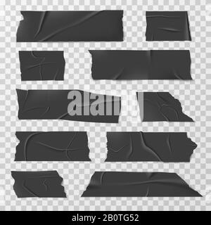 Insulating adhesive tape, duct tapes or scotch vector set. Black tape part, illustration of sticky plastic tape Stock Vector