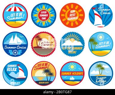 Vintage summer labels. Tropical holiday vector logos with typography. Summer vacation tropical, illustration of summer stickers Stock Vector