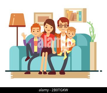 Smiling young happy family on sofa. Man, woman and their children in living room vector illustration. Parents with children sitting on sofa Stock Vector