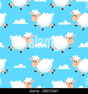 Happy sleeping sheeps fabric background. Dreamy woolly lamb or sheep cartoon seamless illustration Stock Vector