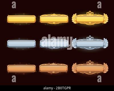 Bronze, silver and golden cartoon vector title banners or metal ui buttons set for game design illustration Stock Vector