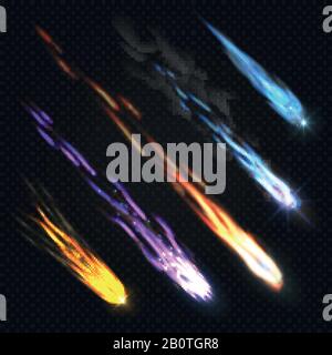 Meteors comets and fireballs with fire trails isolated vector set. Color asteroid graphic in space, meteor fire with trail illustration Stock Vector