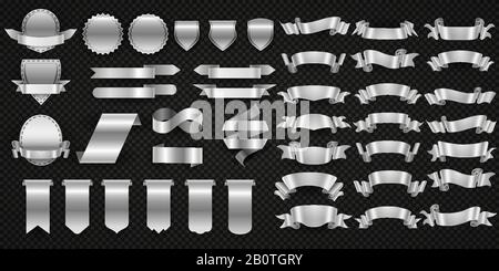 Silver and steel ribbons, metal wrapping banners vector set. Silver steel ribbon collection illustration Stock Vector