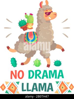 Motivation lettering with No drama llama. Chilling alpaca or lama cartoon kids illustration Stock Vector
