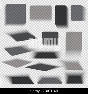 Transparent paper and objects box square shadows isolated. Wall and floor drop shadow vector collection. Empty transparent shade, illustration of dark shadow from box Stock Vector