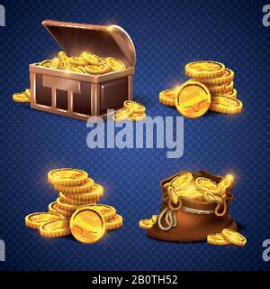 Wooden chest and big old bag with gold coins, money stack isolated. Video game vector rich assets illustration Stock Vector