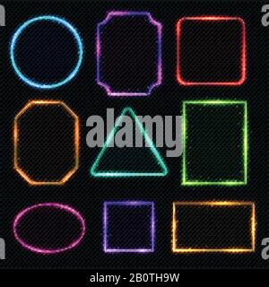 Multicolored neon vector border frames. Simple shapes of light banners oval and square, illustration of rectangle and triangle color frames Stock Vector