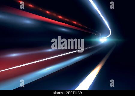 Car speed lines. Light trails tragic of long exposure abstract vector background. Light night road tunnel for car or train illustration Stock Vector