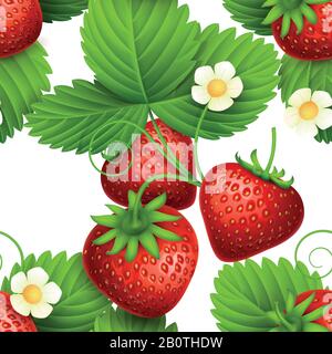 Plant seamless vector textures with eating strawberries. Repeating pattern for fresh strawberry juice and organic fruit tea. Illustration of background with red strawberry Stock Vector